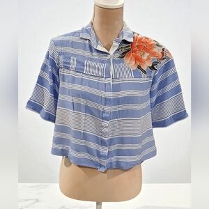 Minh Hanh Asian Hi Low Cropped Blue White Stripe Collared Womans Shirt Medium